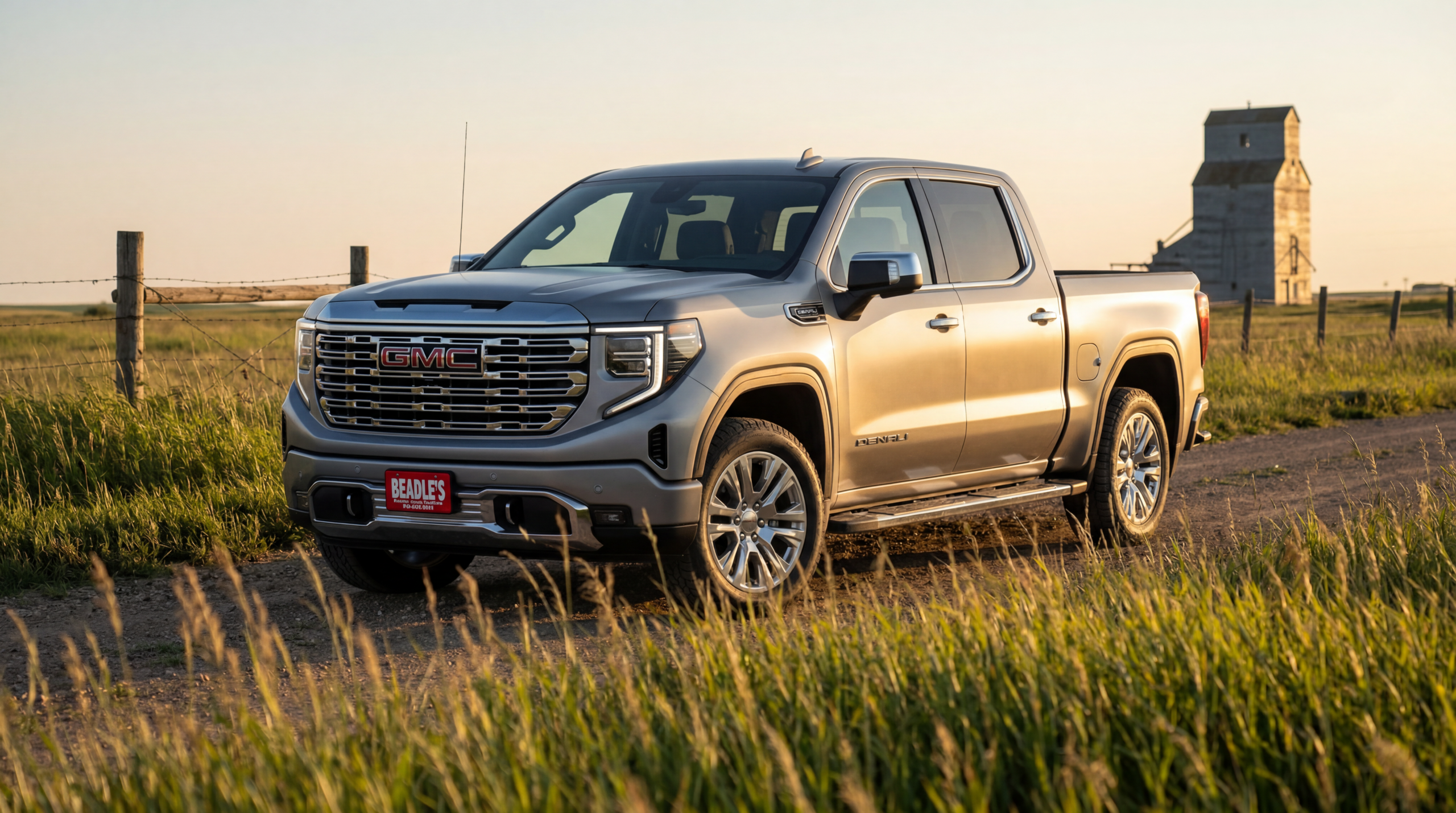 2026 GMC Sierra 1500 Denali parked on a ranch road in South Dakota at golden hour