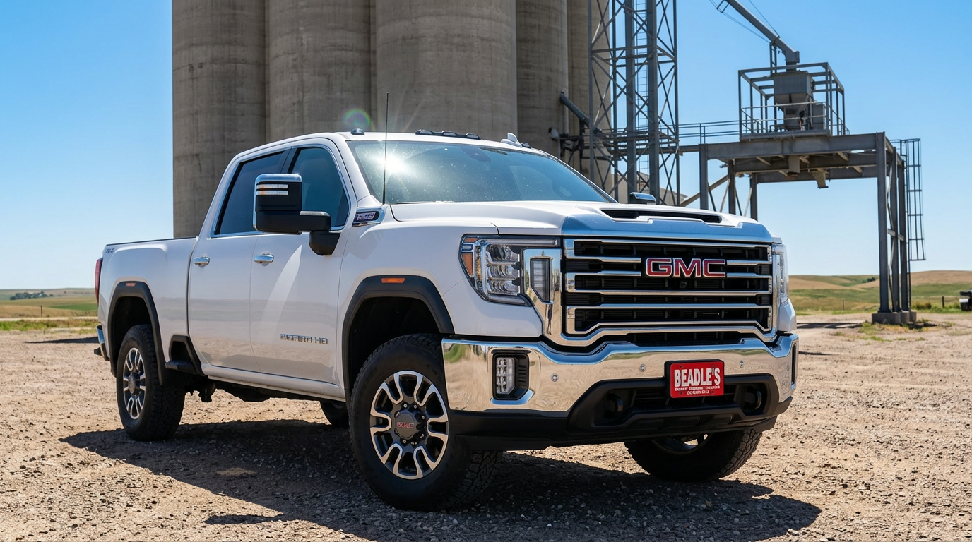 2026 GMC Sierra 3500HD at a South Dakota grain elevator with grain trailer