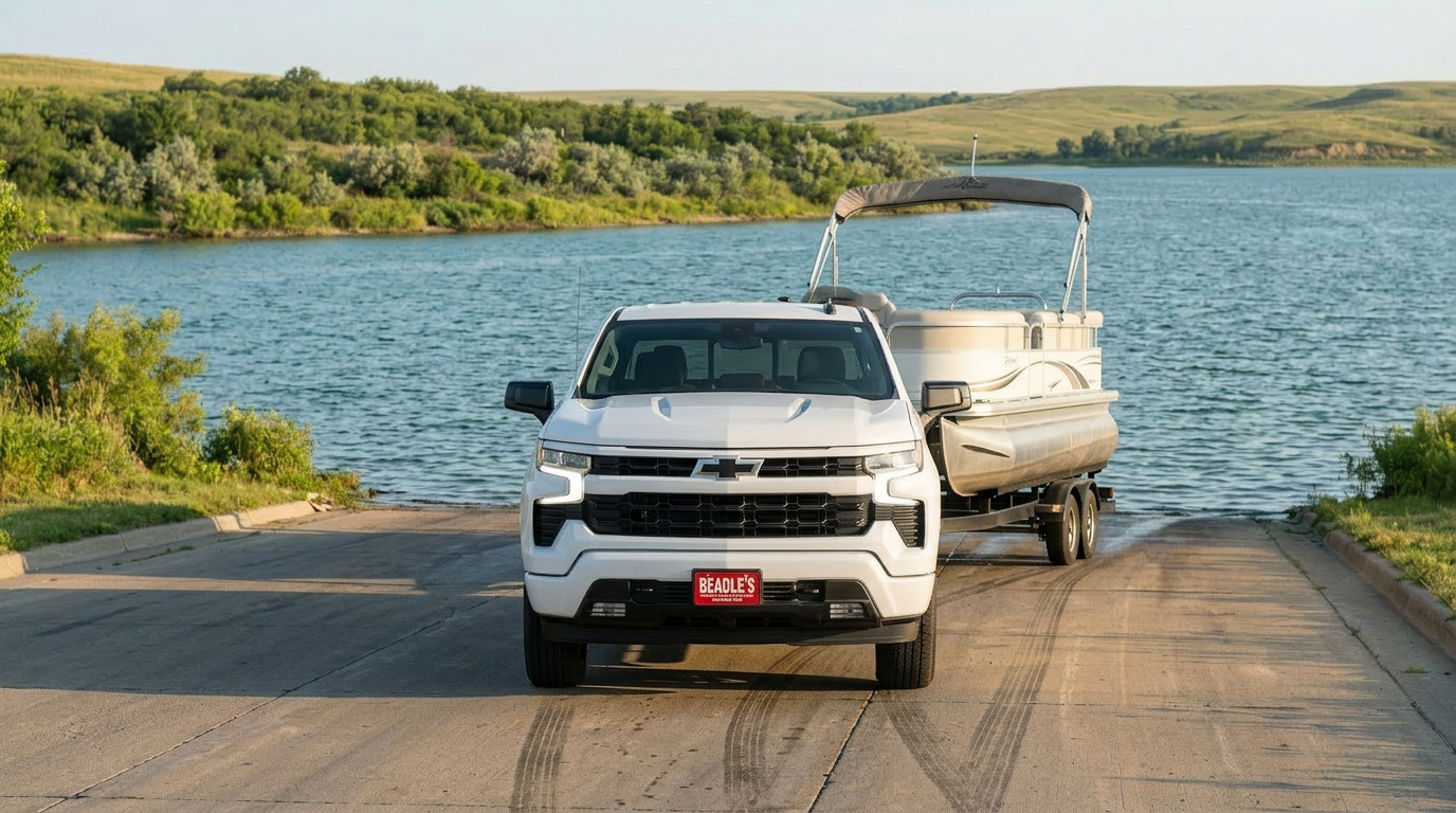 Silverado 1500 towing pontoon boat at Lake Oahe