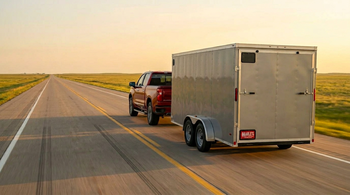 2026 Silverado 1500 towing livestock trailer on South Dakota ranch road