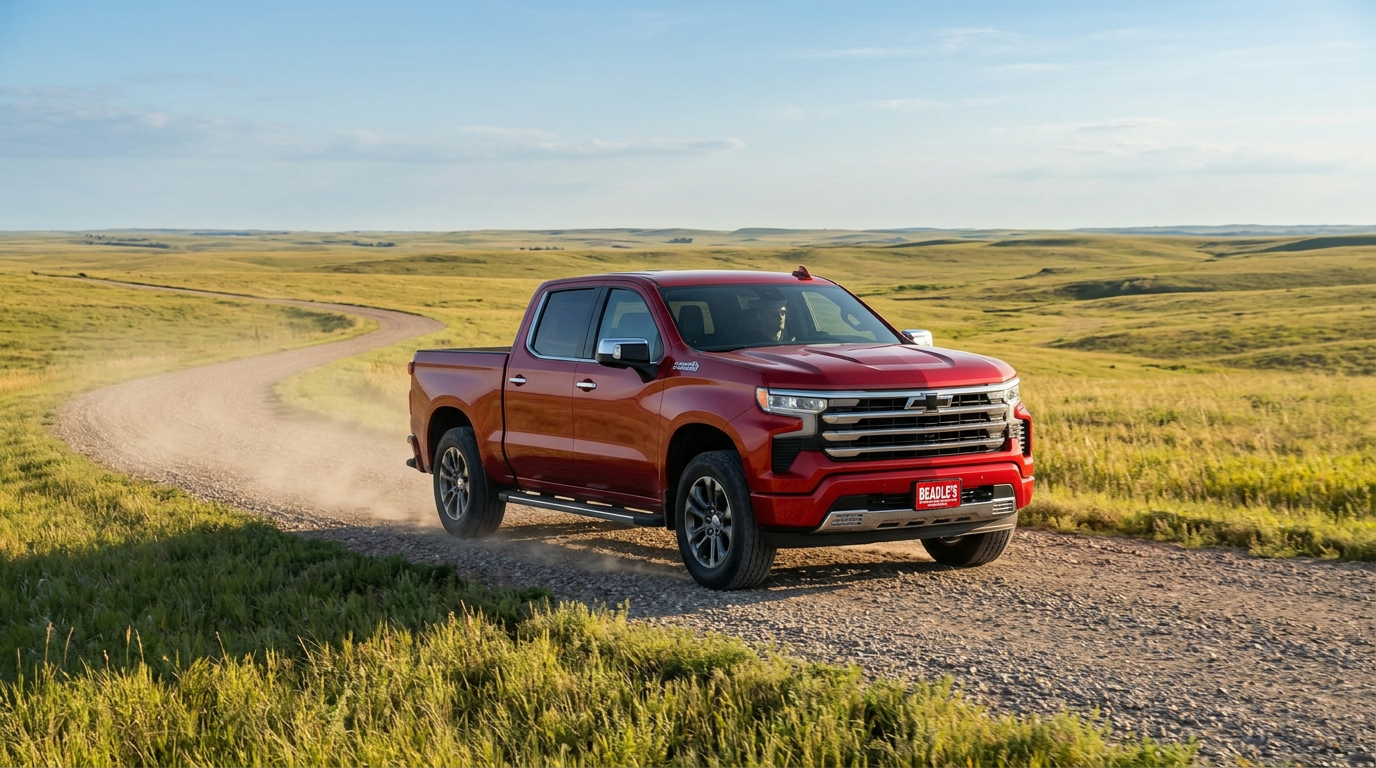2026 Chevrolet Silverado 1500 in action on a South Dakota highway highlighting engine performance
