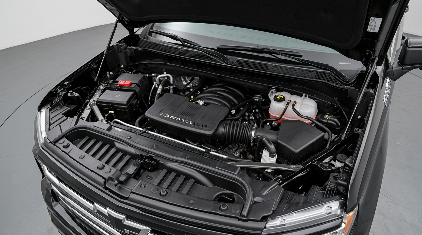 2026 Silverado 1500 engine detail showing the Duramax diesel engine bay