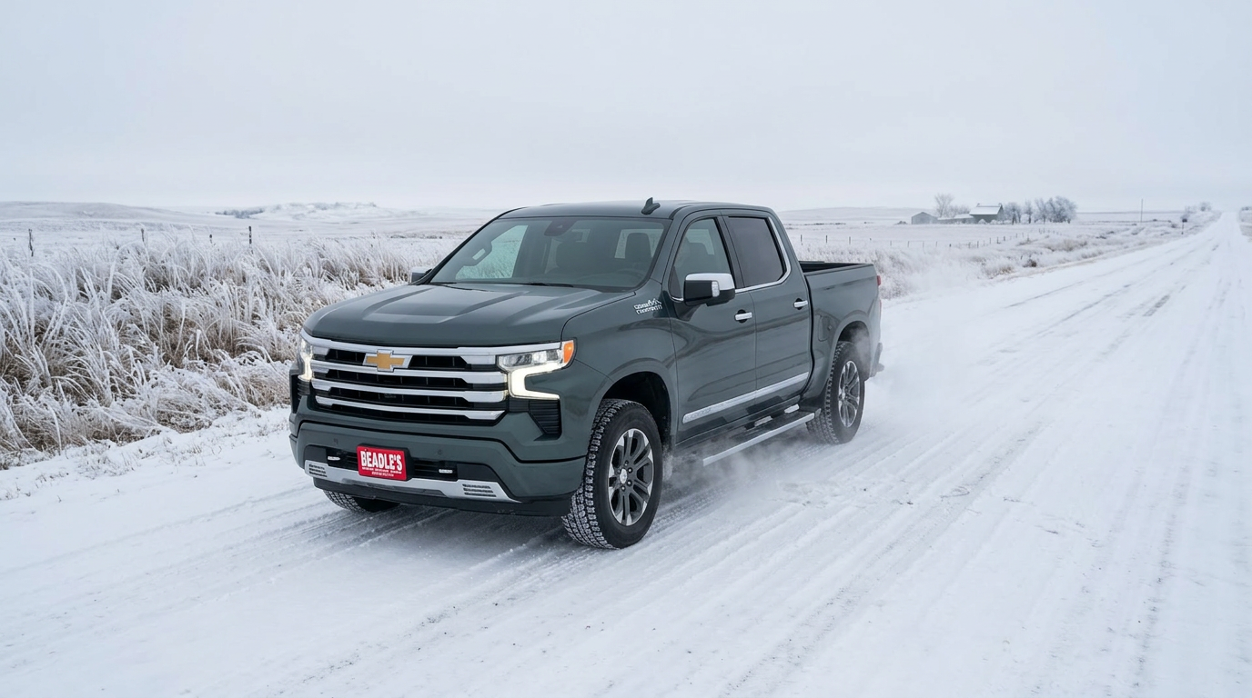 2026 Chevrolet Silverado 1500 on a snow-covered South Dakota ranch road in winter conditions