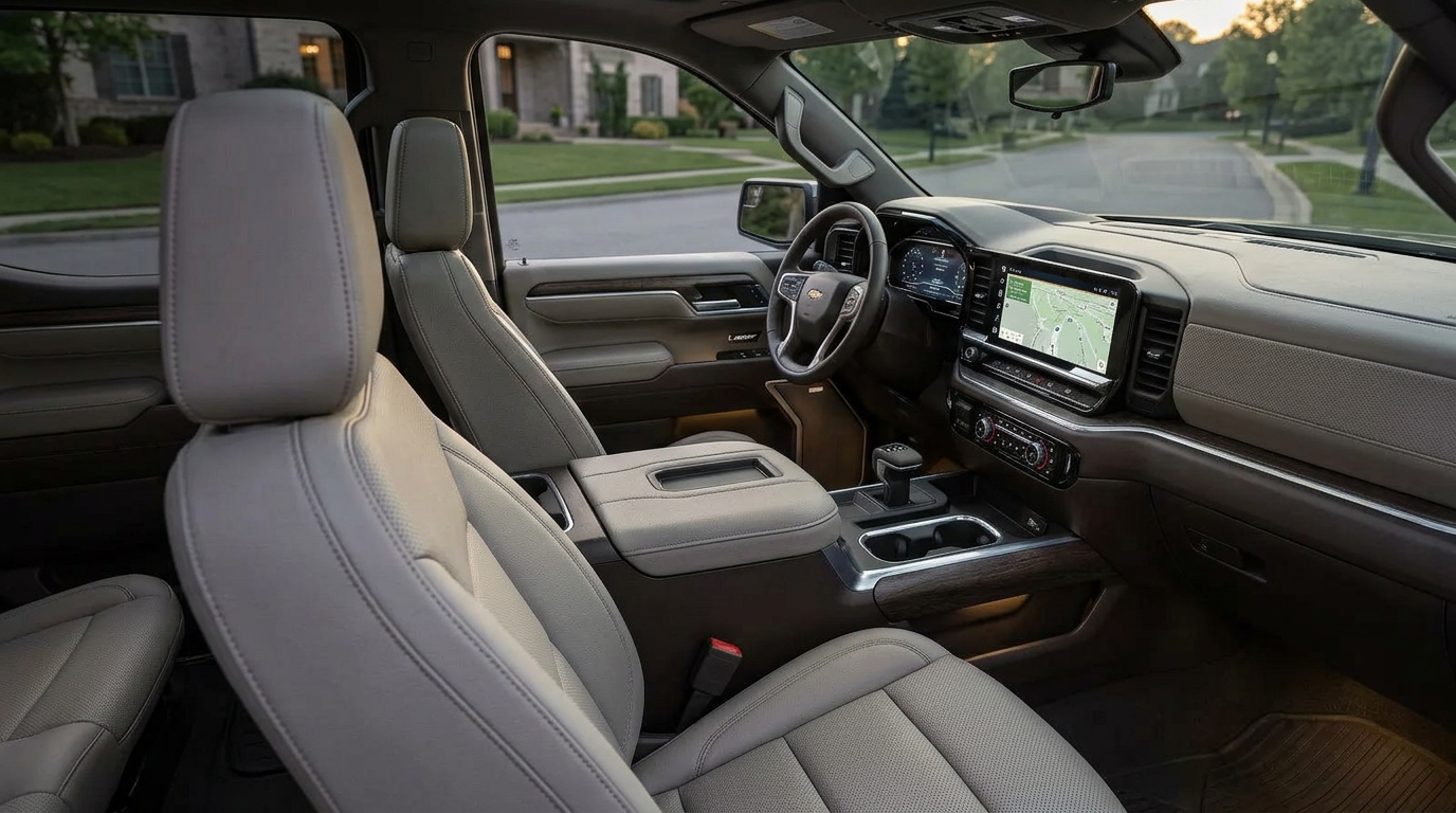 2026 Silverado 1500 LTZ premium leather interior and 13.4-inch touchscreen — Beadle Chevrolet Mobridge