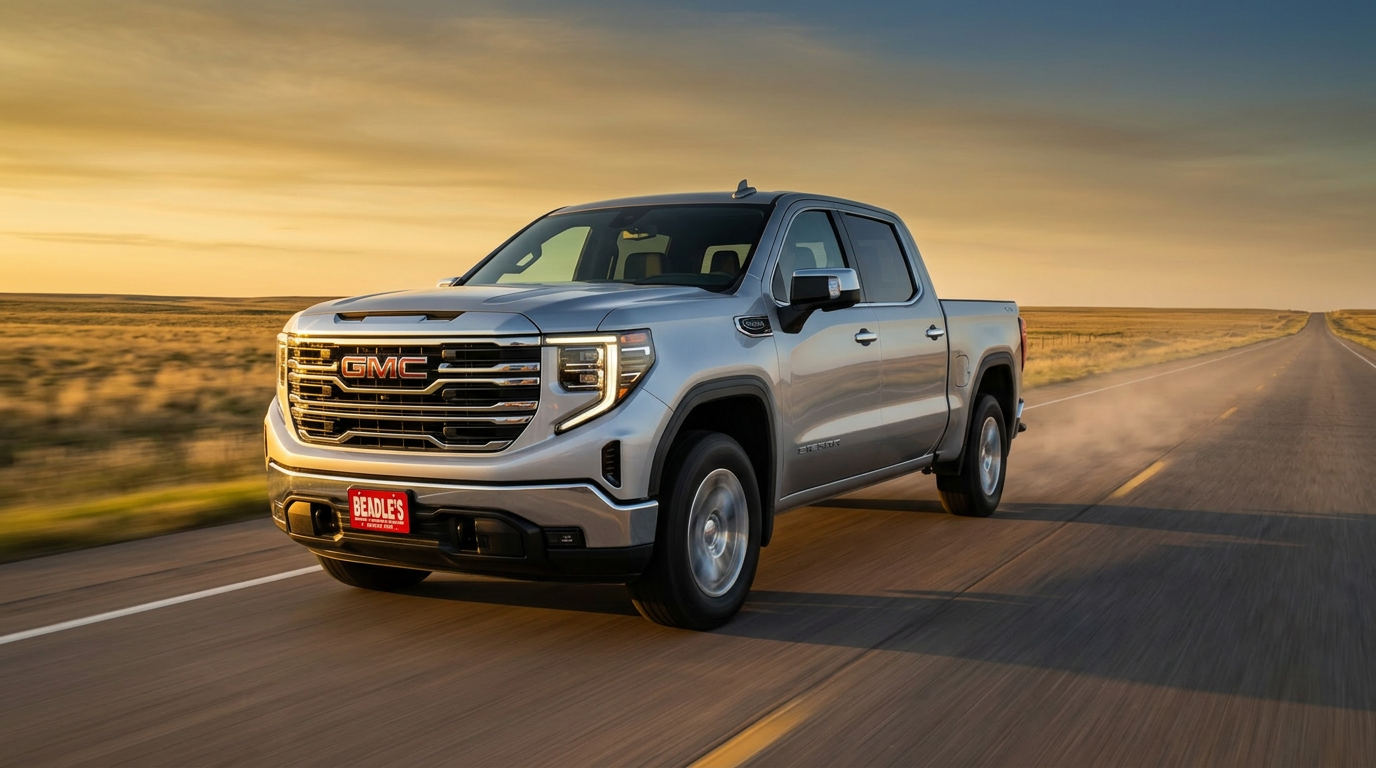 GMC Sierra 1500 SLT Crew Cab driving on a South Dakota two-lane highway — Beadle Chevrolet