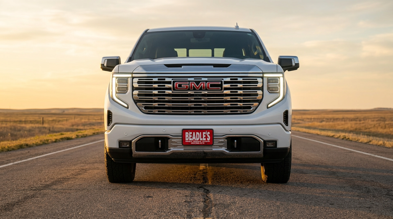 2026 GMC Sierra 1500 SLT head-on front view on South Dakota road showing GMC grille