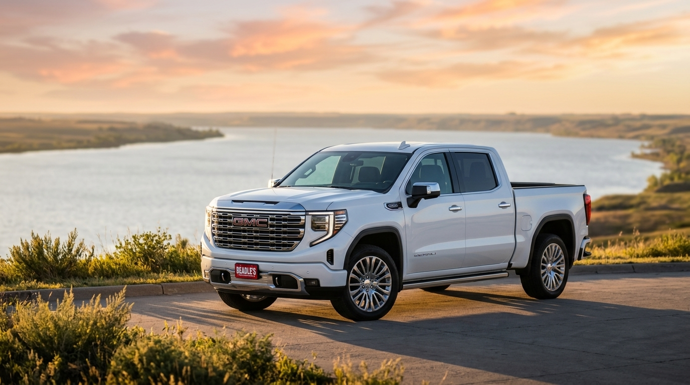GMC Sierra 1500 Denali parked above Lake Oahe at golden hour — Beadle Chevrolet, Mobridge SD