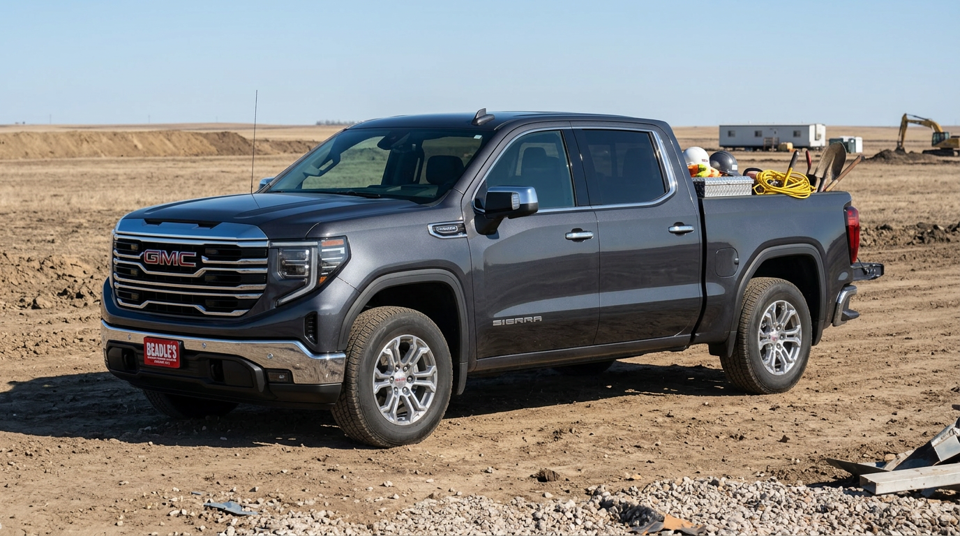 2026 GMC Sierra 1500 SLT work truck at South Dakota construction site with tools in bed