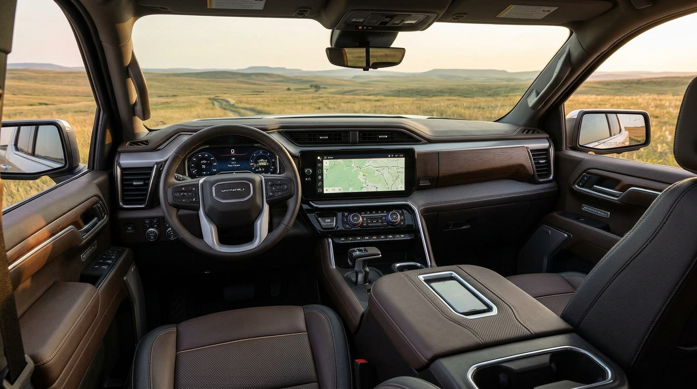 2026 GMC Sierra 1500 Denali interior showing 13.4-inch touchscreen and premium leather seats