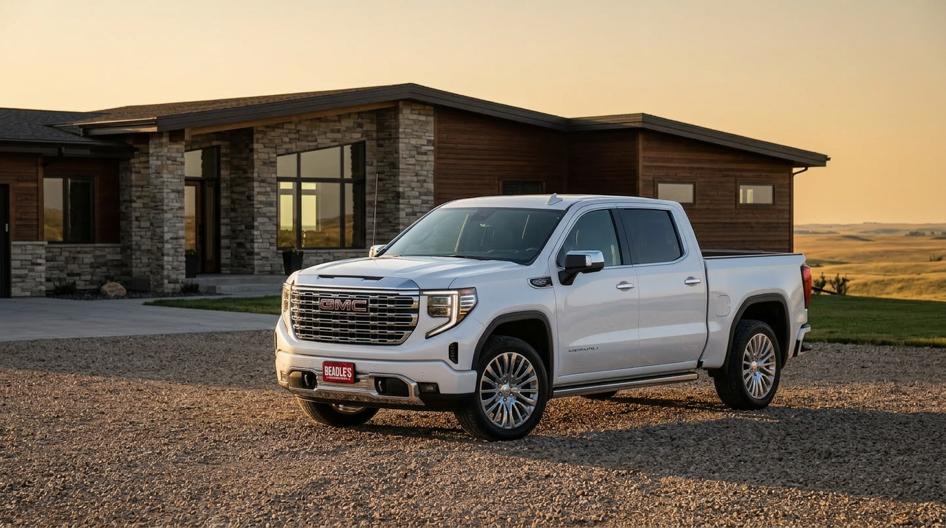 2026 GMC Sierra 1500 Denali Glacier White parked at ranch home in South Dakota