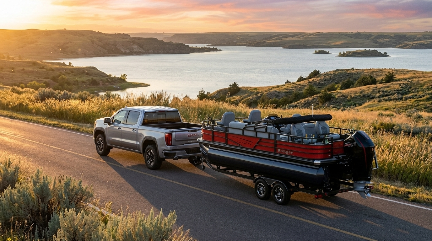 2026 GMC Sierra 1500 AT4 towing pontoon boat to Lake Oahe boat ramp South Dakota
