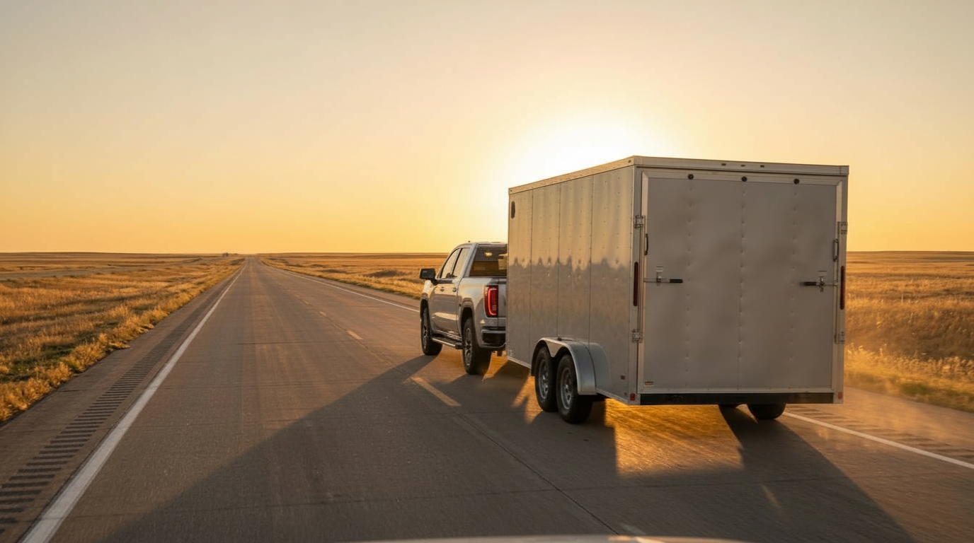 2026 GMC Sierra 1500 towing a trailer through the South Dakota landscape