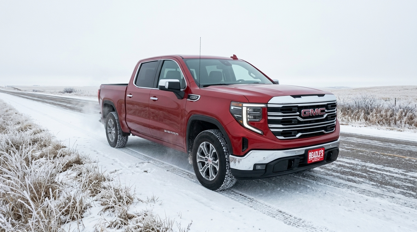 2026 GMC Sierra 1500 SLT driving on snow-covered South Dakota highway in winter conditions