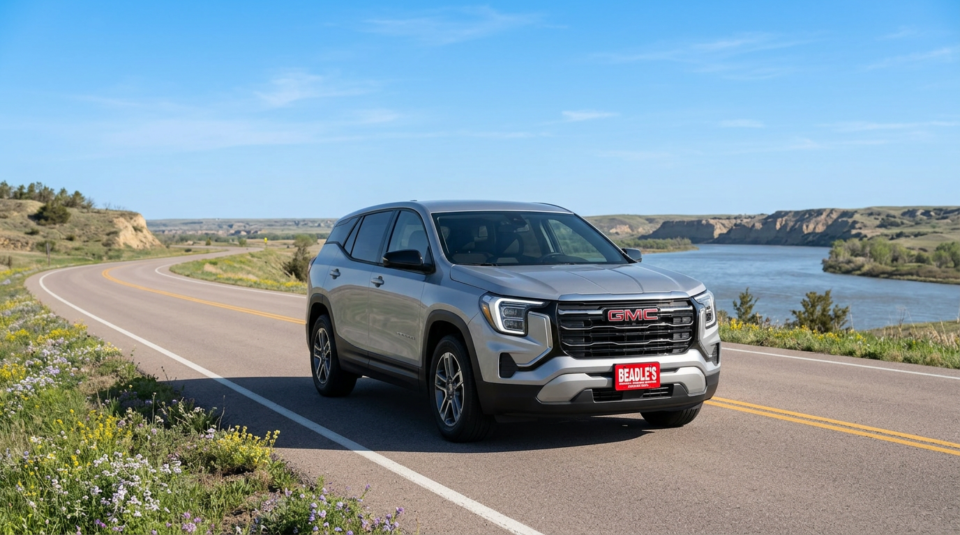 2026 GMC Terrain SLT driving along the Missouri River valley near Mobridge SD