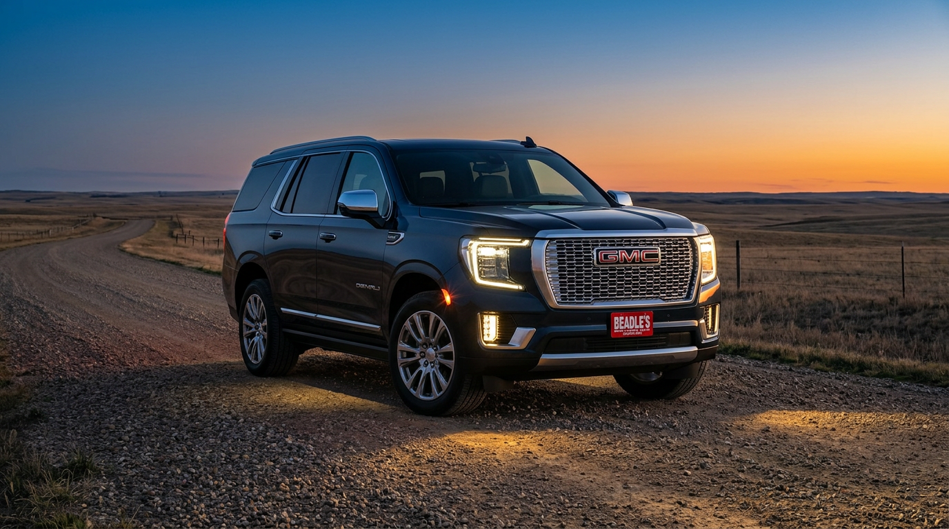 2026 GMC Yukon Denali on a ranch road at dusk in the South Dakota plains
