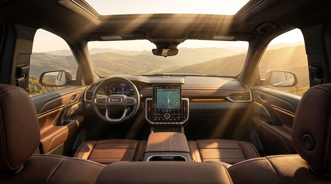 2026 GMC Acadia Denali interior showing premium materials and the 15-inch touchscreen