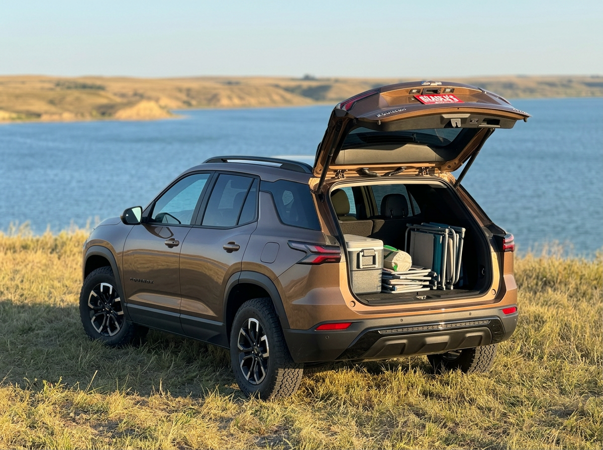 2027 Chevrolet Equinox with liftgate open at a Lake Oahe overlook near Mobridge SD