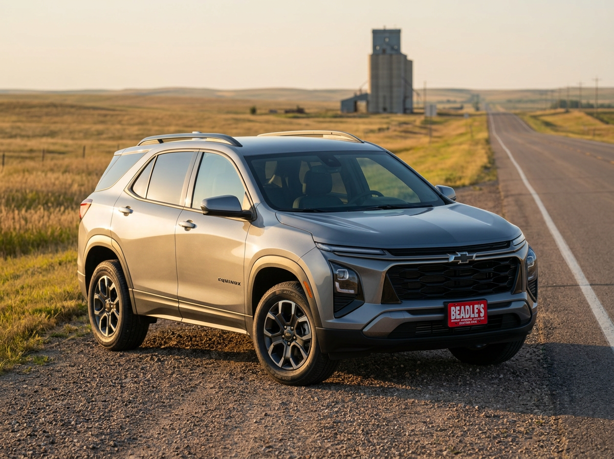 2027 Chevrolet Equinox LT in Sterling Gray on US Highway 12 near Mobridge at golden hour