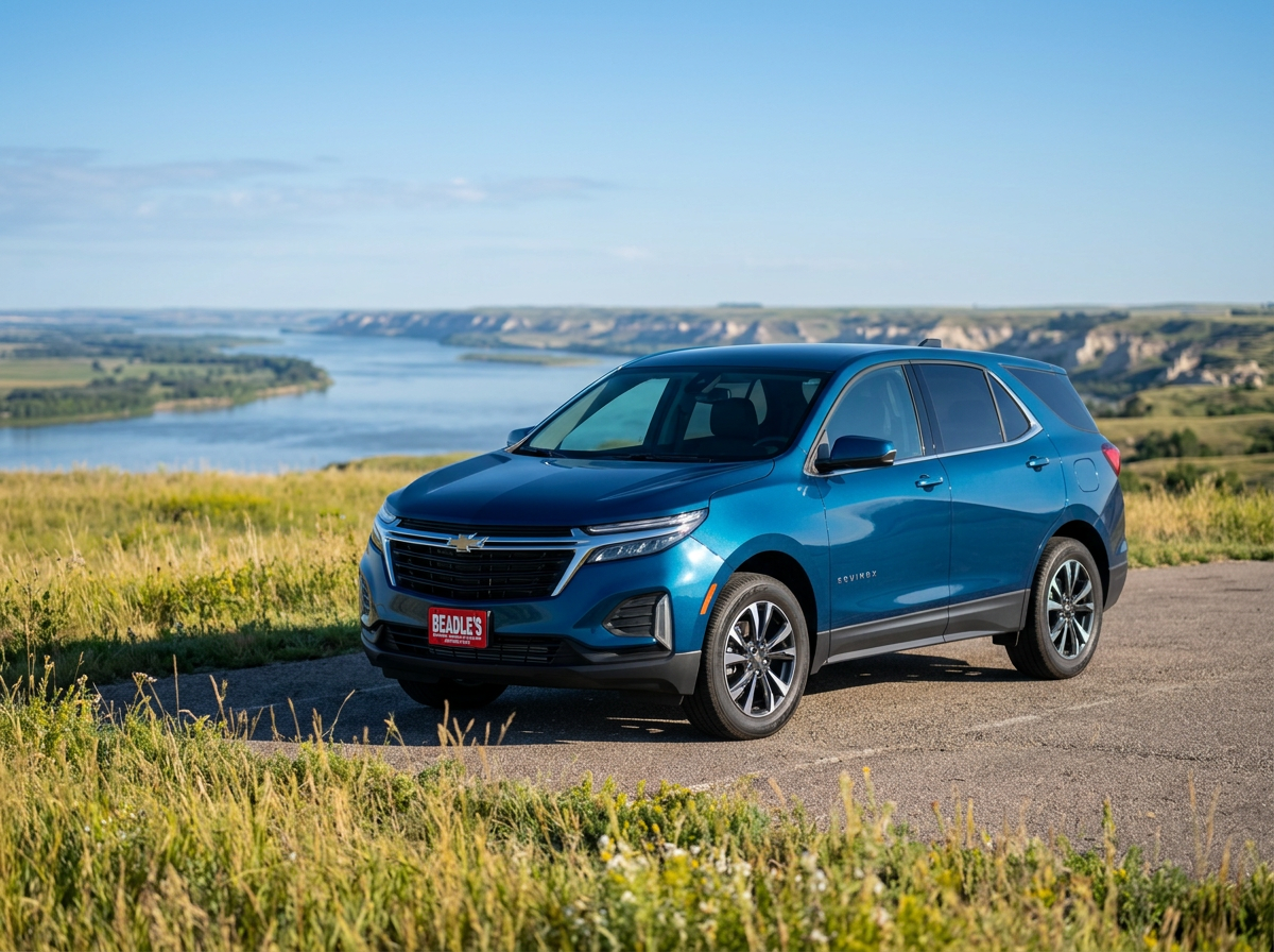 2027 Chevrolet Equinox in Lakeshore Blue Metallic overlooking the Missouri River near Mobridge SD
