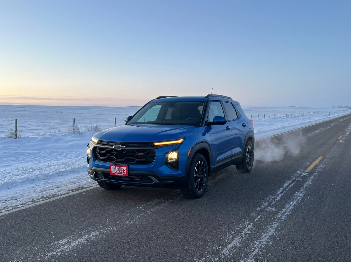 2026 Chevrolet Trailblazer LT AWD driving a plowed, snowy US Highway 12 in South Dakota winter