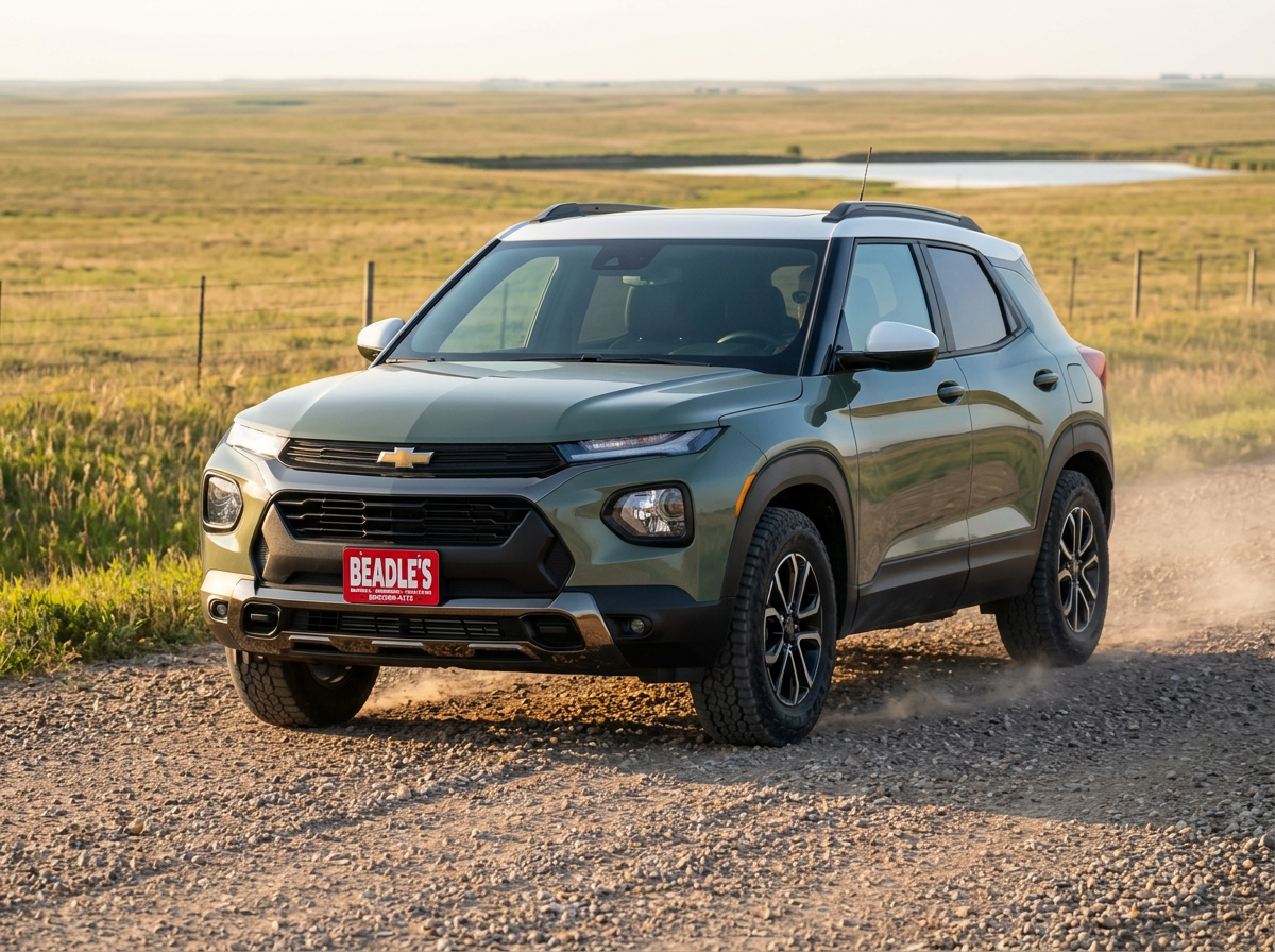 2026 Chevy Trailblazer ACTIV in Cacti Green driving a gravel section road north of Mobridge SD