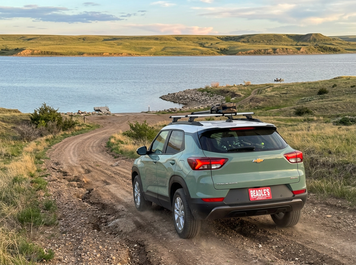 2026 Chevy Trailblazer ACTIV descending a gravel lake access road toward Lake Oahe
