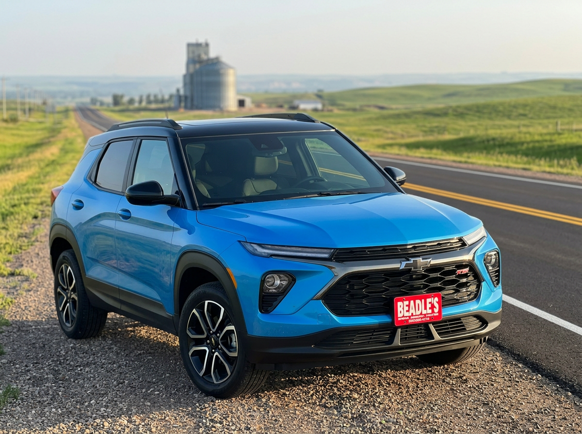 2026 Chevrolet Trailblazer LT in Marina Blue Metallic parked along US Highway 12 near Mobridge SD