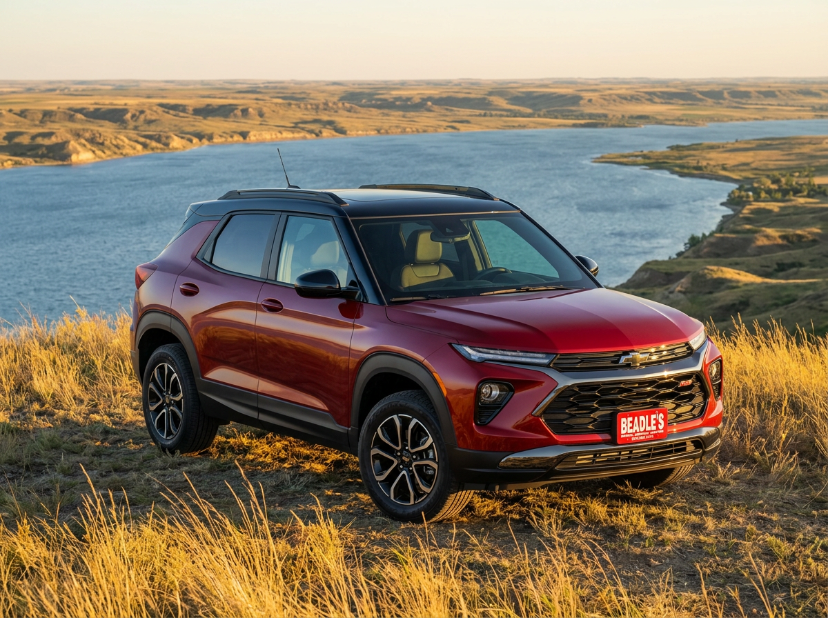 2026 Chevy Trailblazer RS in Apex Red with Mosaic Black roof overlooking Lake Oahe near Mobridge