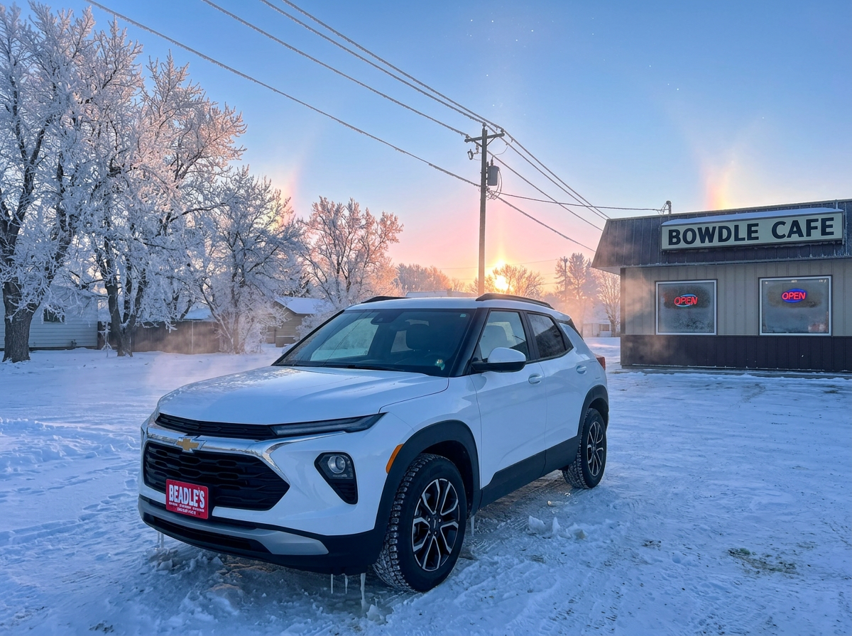 2026 Chevrolet Trailblazer LS in Summit White parked in town on a minus 20 degree South Dakota morning