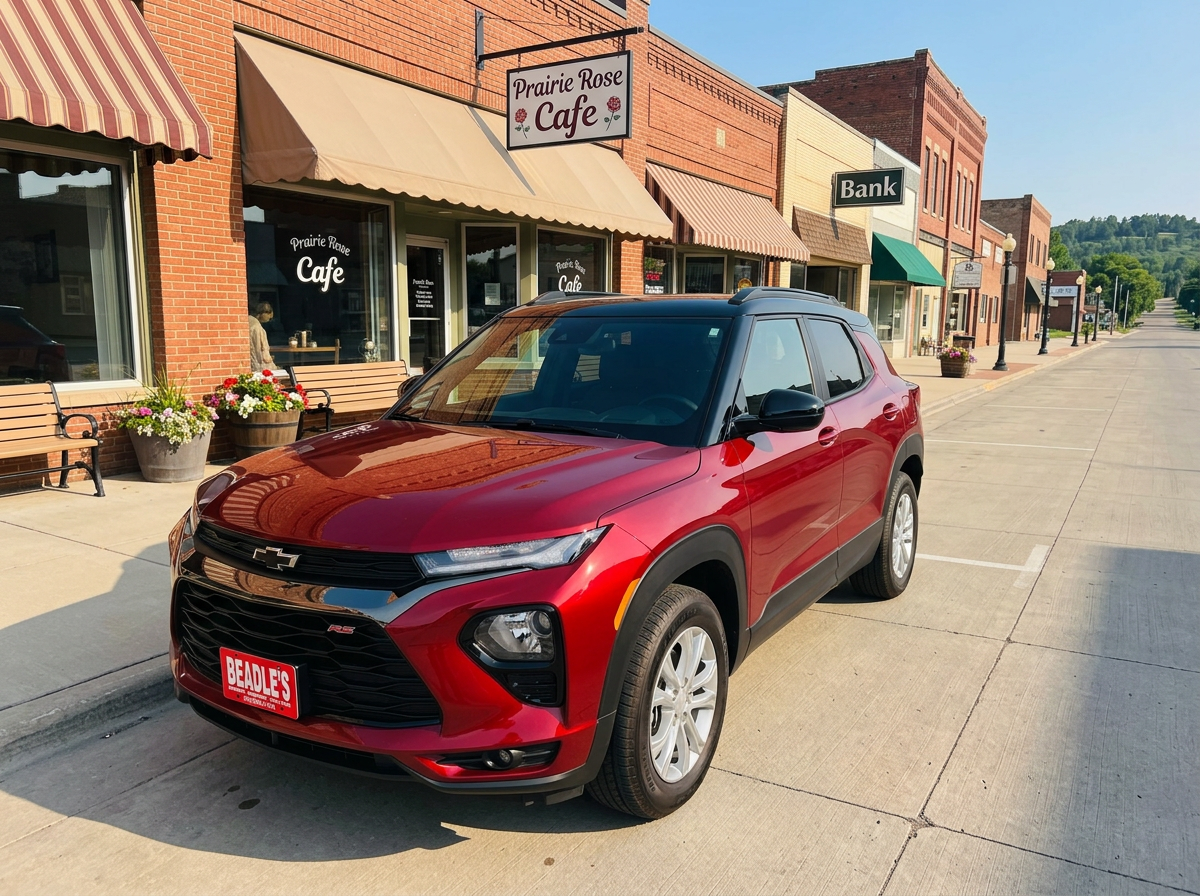 2026 Chevrolet Trailblazer RS in Apex Red parked on Main Street in Mobridge SD