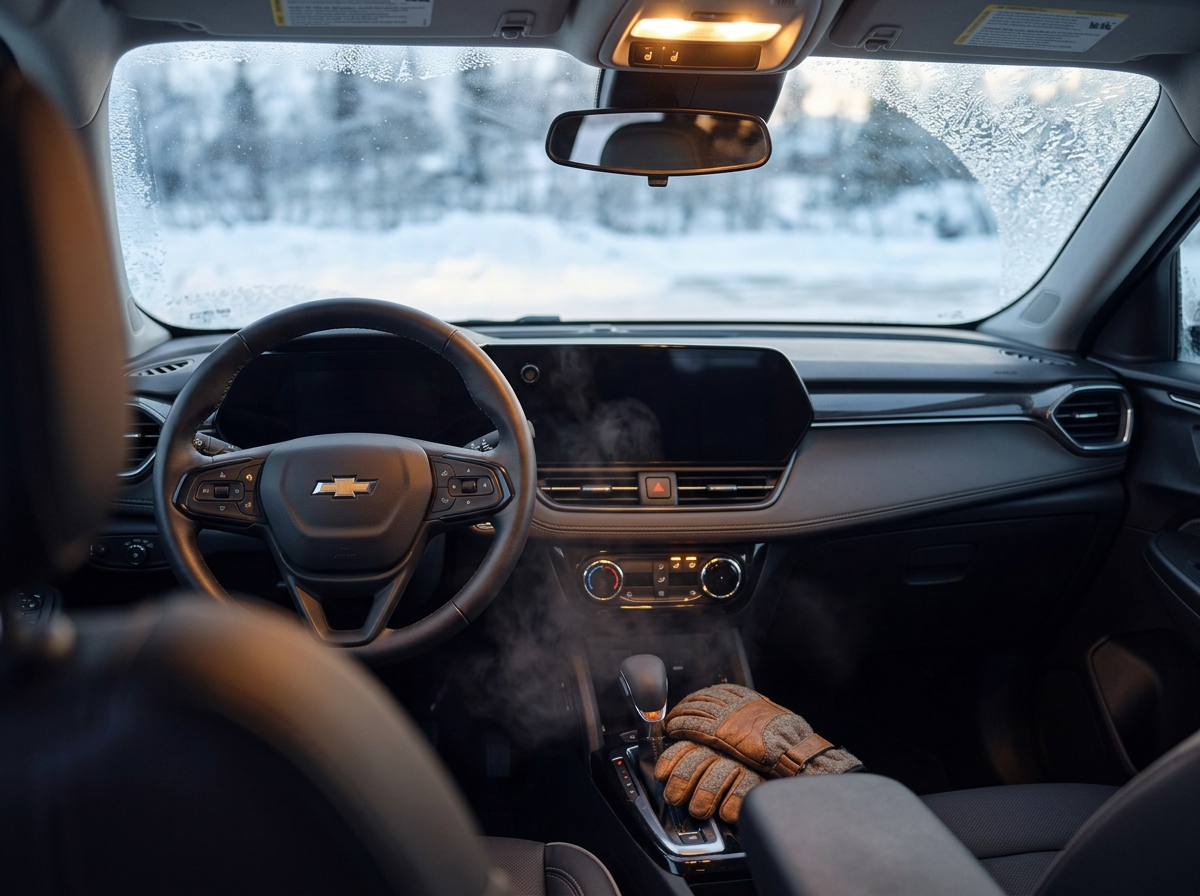 Heated steering wheel and heated seat controls in the 2026 Chevy Trailblazer on a frosty morning