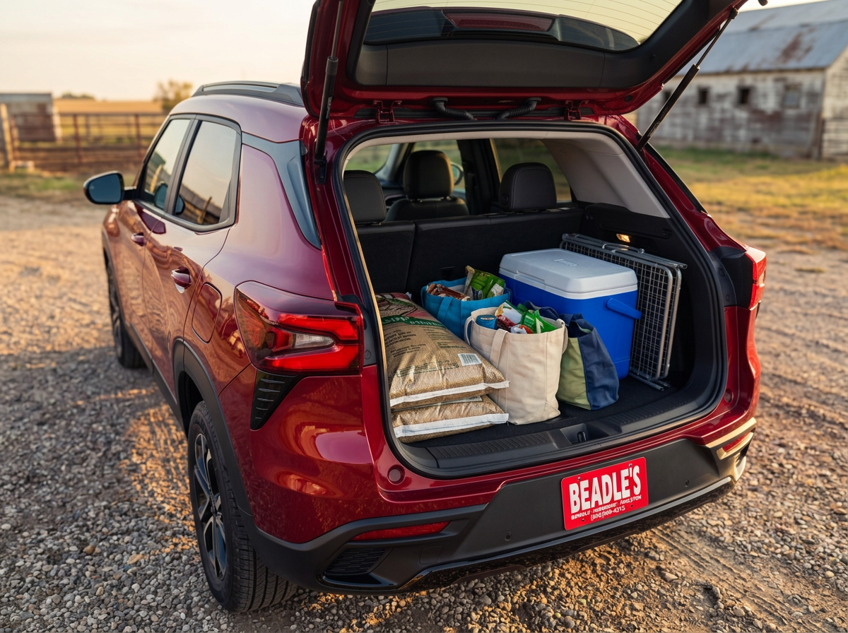2026 Chevrolet Trailblazer cargo area loaded with feed sacks and groceries, rear seats folded