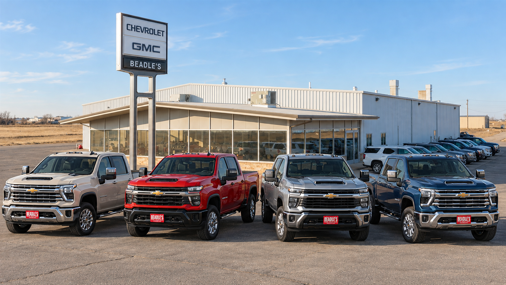 Four Chevrolet Silverado 2500 HD colors in a row at Beadle Chevrolet GMC in Mobridge, South Dakota