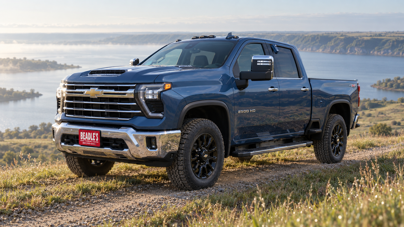 Chevrolet Silverado 2500 HD LTZ on black 18-inch wheels above Lake Oahe near Mobridge, South Dakota