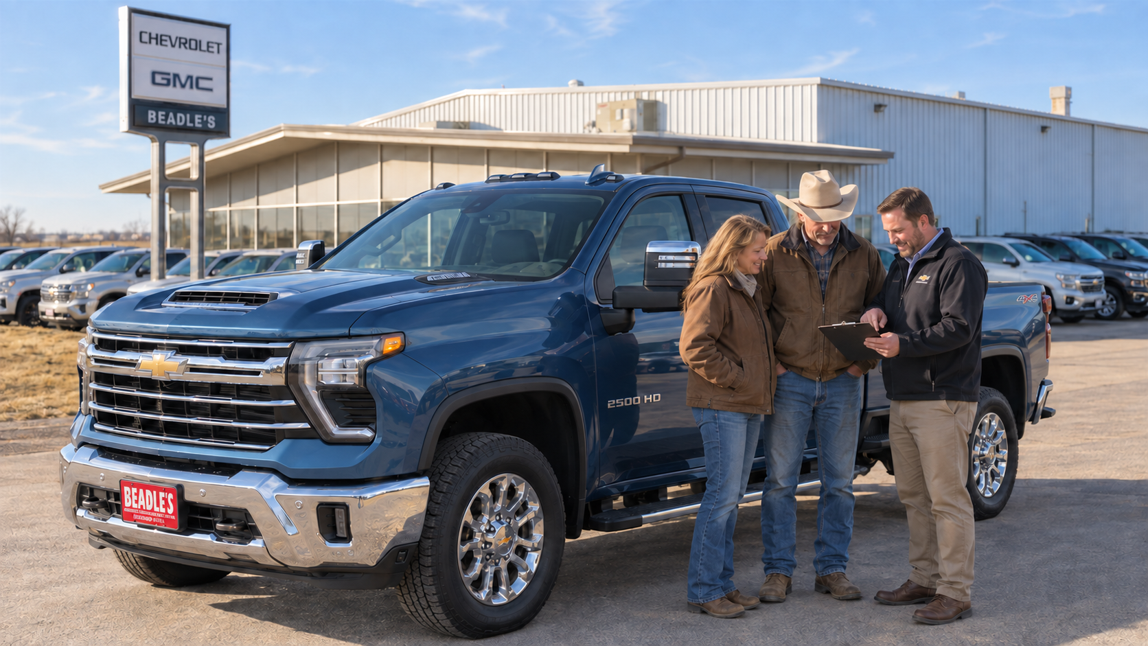 Ranch couple and a salesperson with an order sheet at a Silverado 2500 HD LTZ at Beadle Chevrolet GMC in Mobridge
