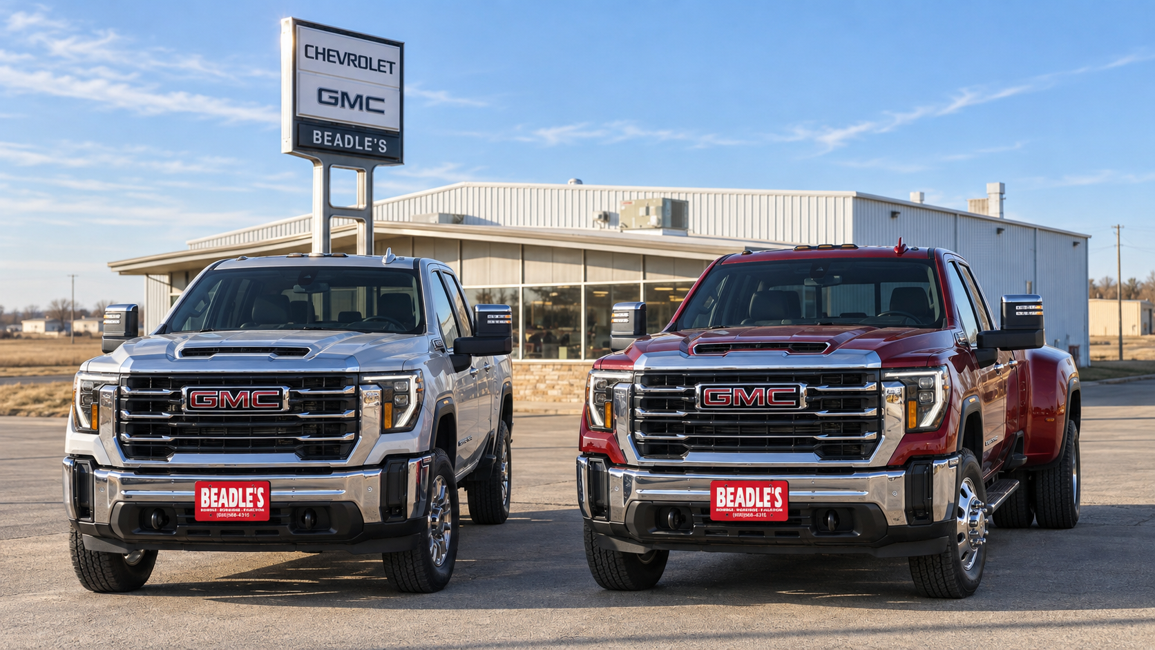 A Sterling Metallic 2026 GMC Sierra 2500 HD parked beside a Volcanic Red Sierra 3500 HD dually, nose to camera, at Beadle Chevrolet GMC in Mobridge