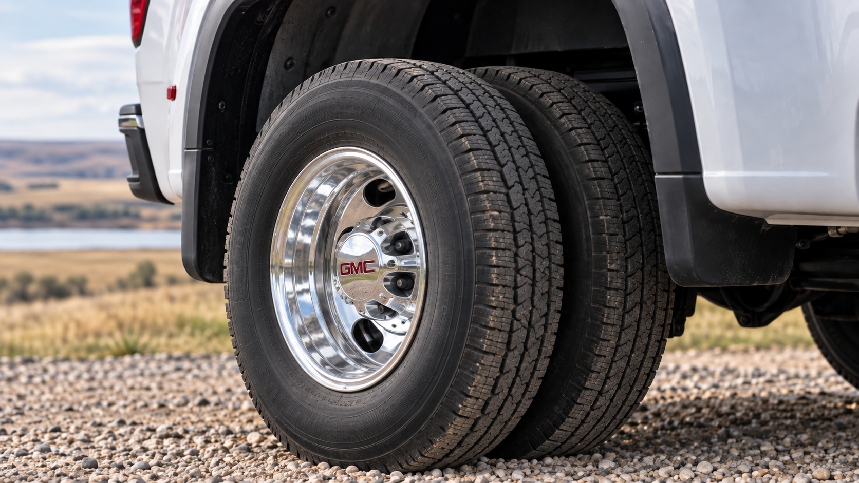 Close-up of the 18-inch polished forged dual rear wheels on a 2027 GMC Sierra 3500 HD dually at Beadle Chevrolet GMC in Mobridge