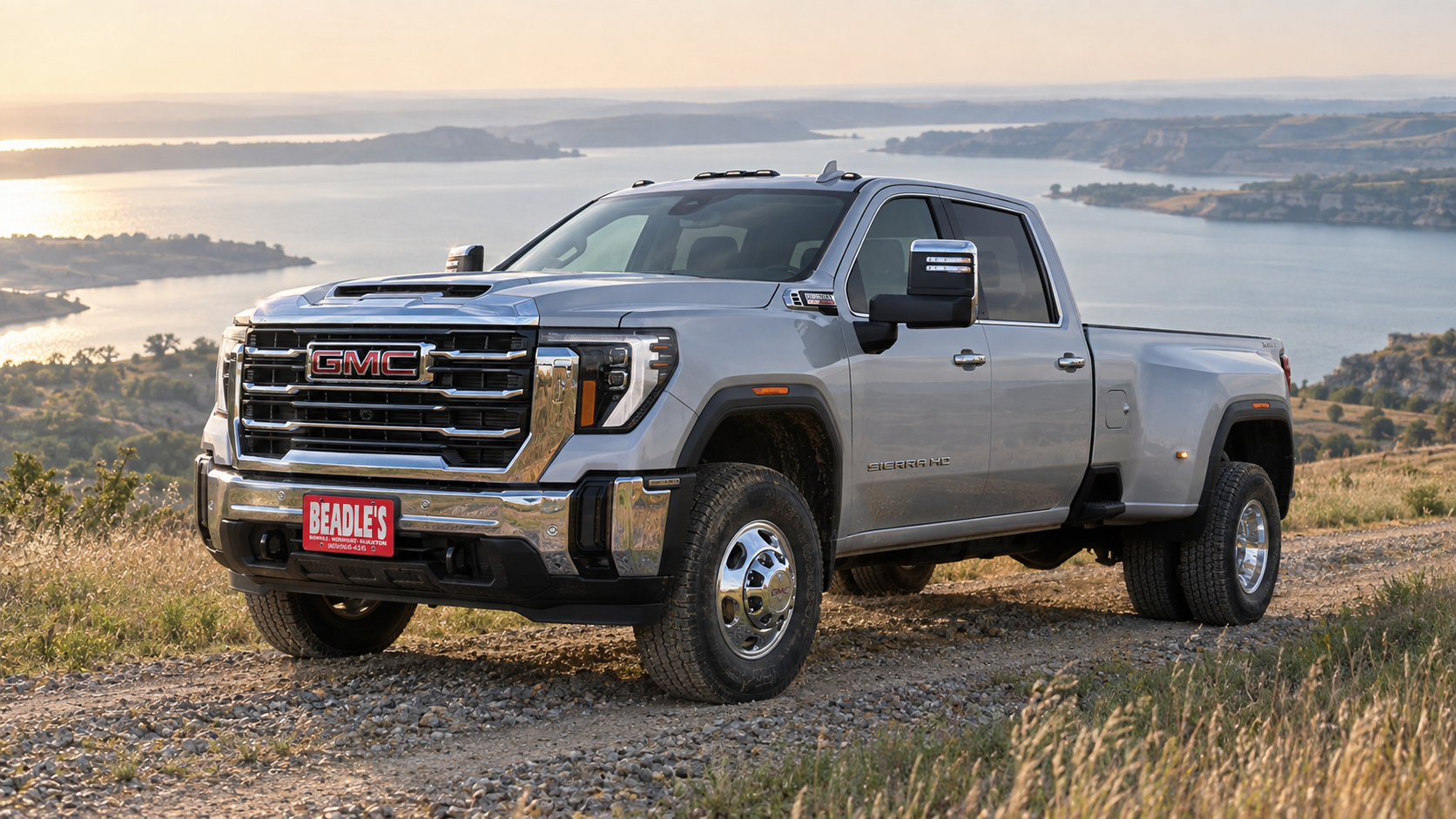 Sterling Metallic GMC Sierra 3500 HD SLT dually on a two-track above Lake Oahe near Mobridge, South Dakota