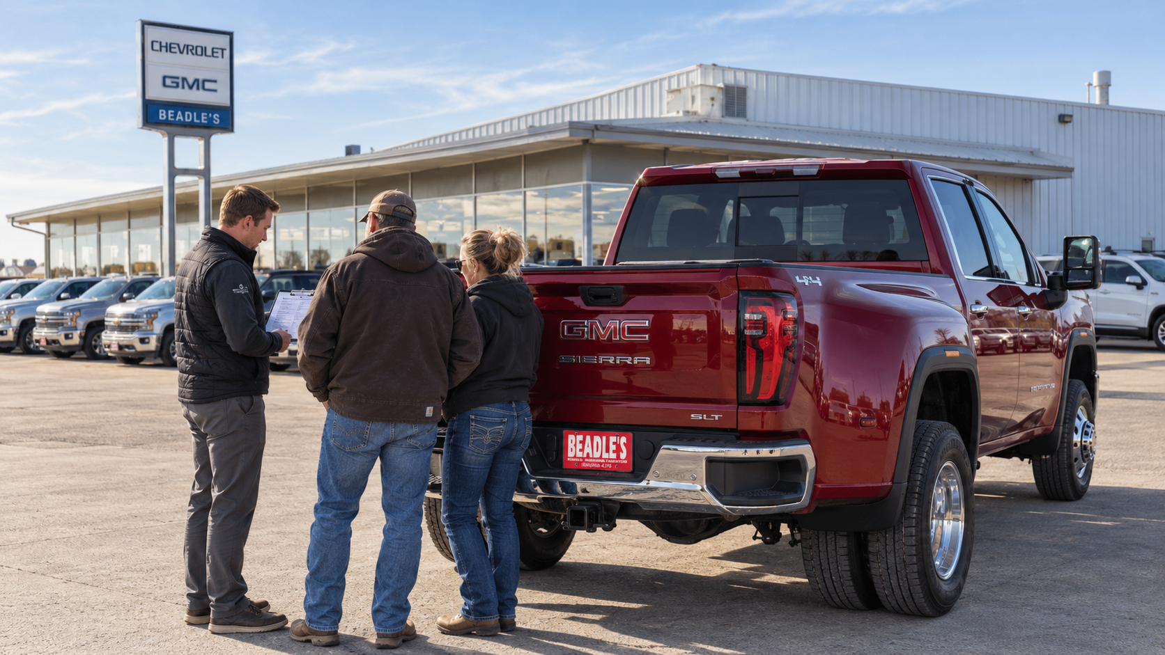 A ranch couple and a salesperson talking at the open tailgate of a Volcanic Red GMC Sierra 3500 HD SLT dually on the lot at Beadle Chevrolet GMC in Mobridge