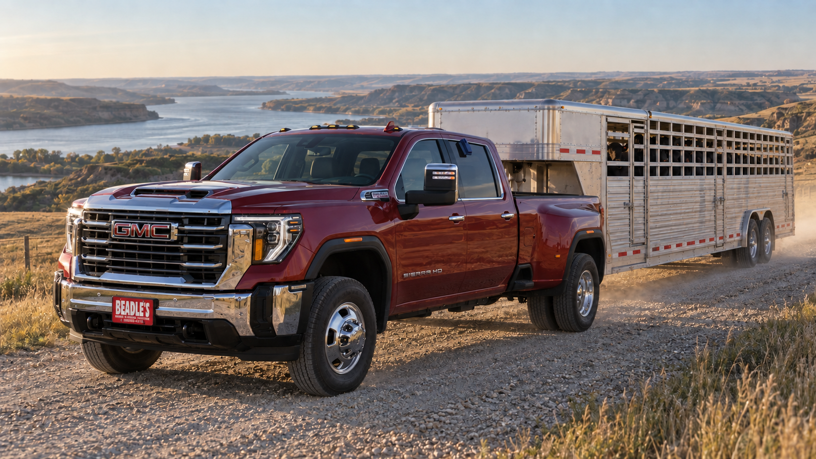 2026 GMC Sierra 3500 HD SLT dually pulling a tandem-dual aluminum gooseneck stock trailer loaded with cattle through the river breaks near Mobridge, South Dakota