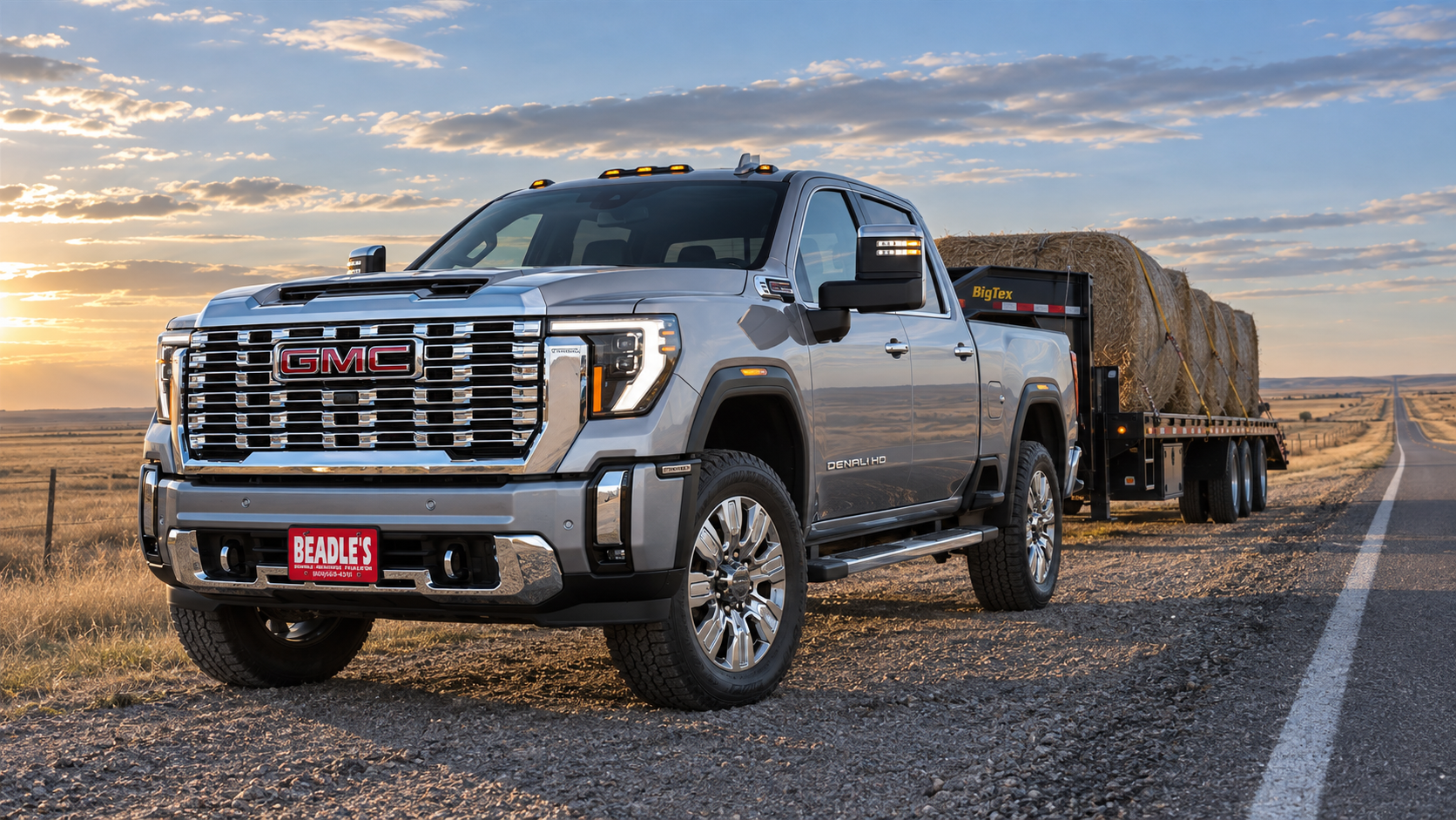 Sterling Metallic 2027 GMC Sierra 2500 HD Denali hitched to a gooseneck hay flatbed on a gravel road near Mobridge, South Dakota