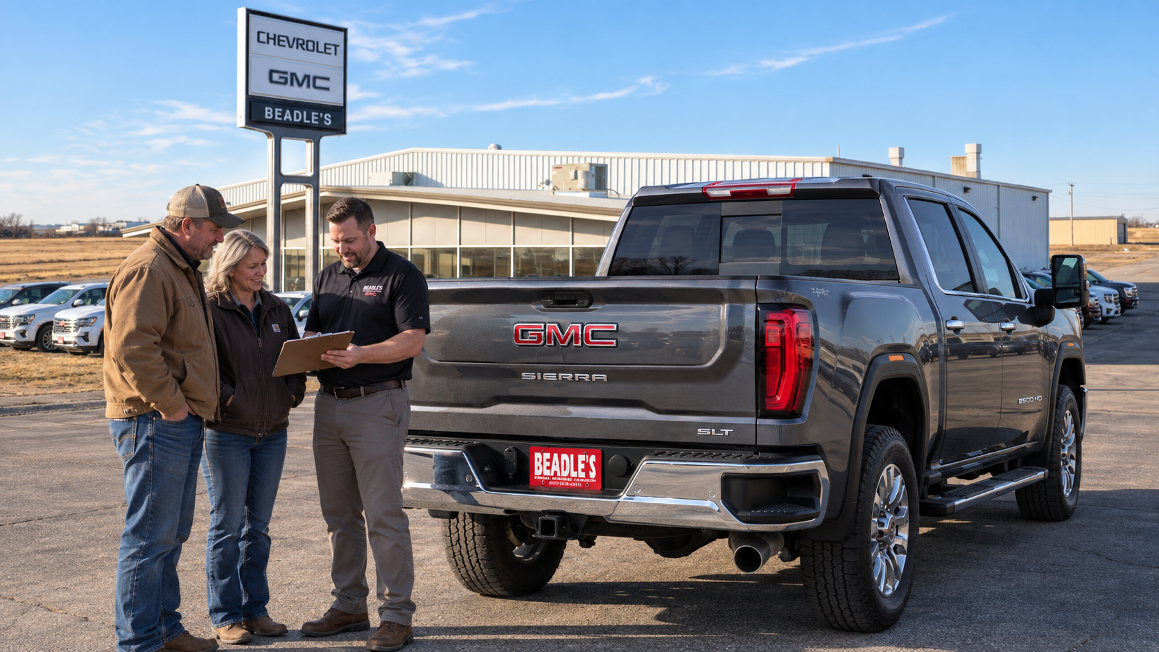 Ranch couple reviewing a 2027 GMC Sierra 2500 HD order sheet beside a new Sierra HD on the lot at Beadle Chevrolet GMC in Mobridge