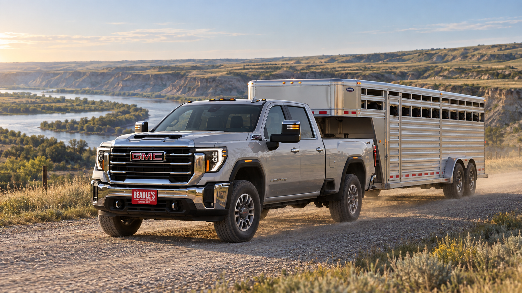 2026 GMC Sierra 2500 HD SLT pulling a gooseneck stock trailer loaded with cattle on a gravel road near Mobridge, South Dakota