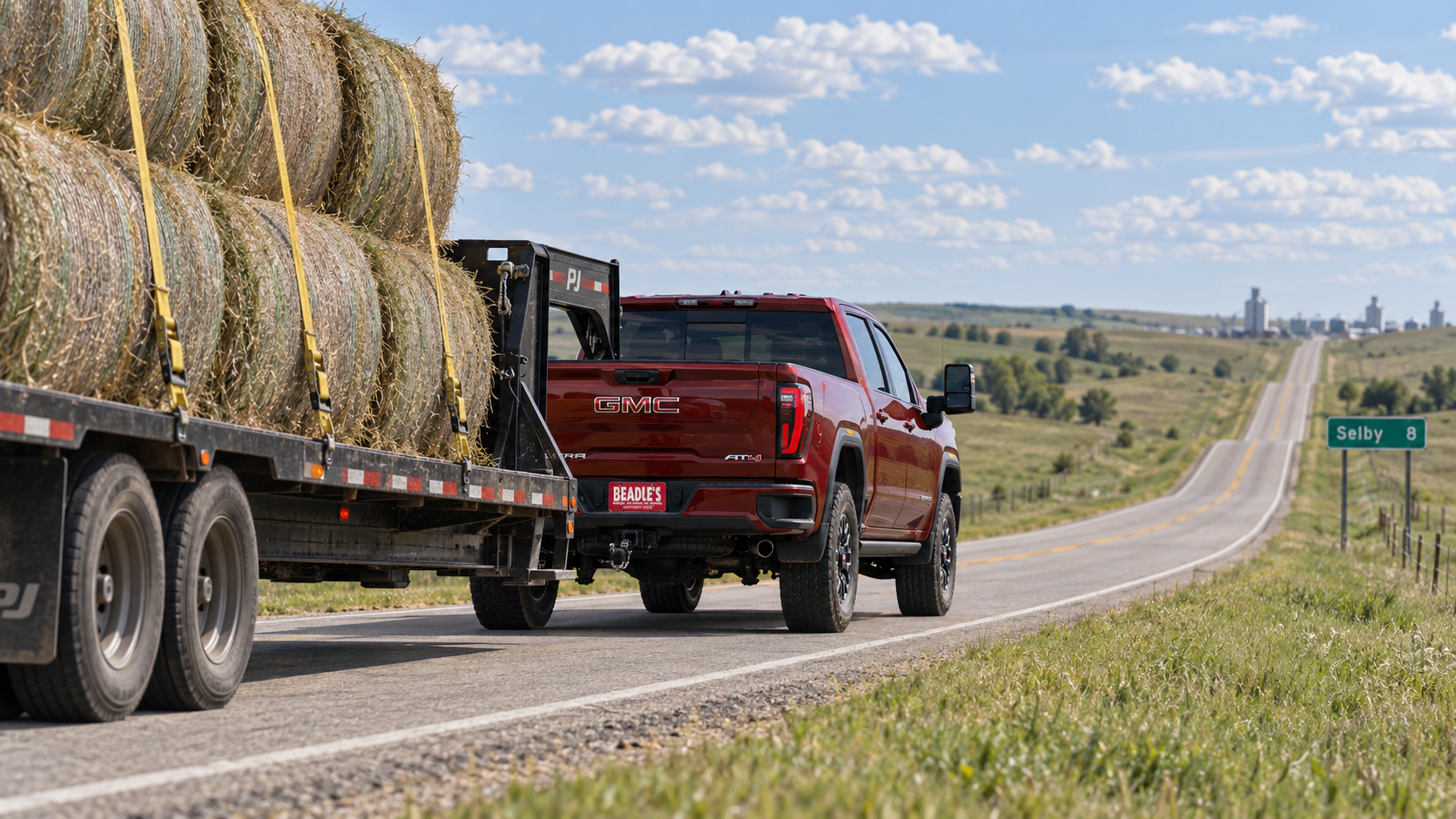 2026 GMC Sierra 2500 HD AT4 in Volcanic Red hauling a flatbed of round bales down a gravel section road near Mobridge, South Dakota