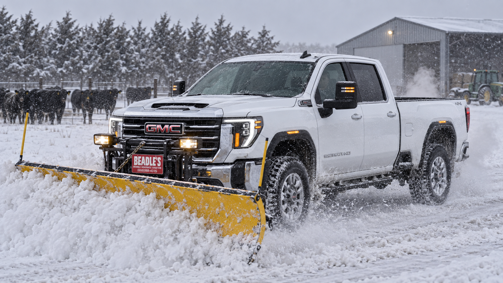 2026 GMC Sierra 2500 HD SLE in Summit White with a snow blade mounted, clearing a drifted farm lane near Mobridge, South Dakota